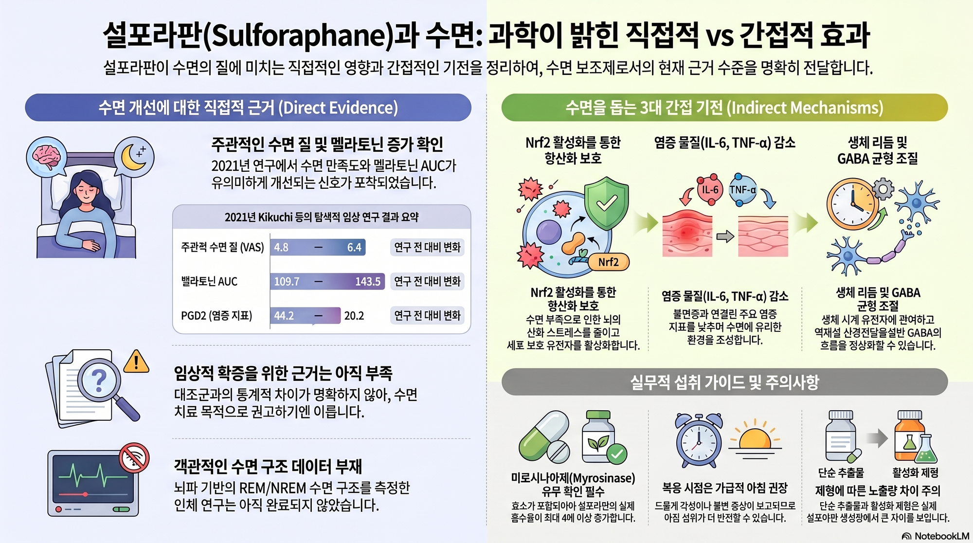 밤의 침실과 브로콜리새싹, 설포라판 수면 연구의 연결을 표현한 인포그래픽